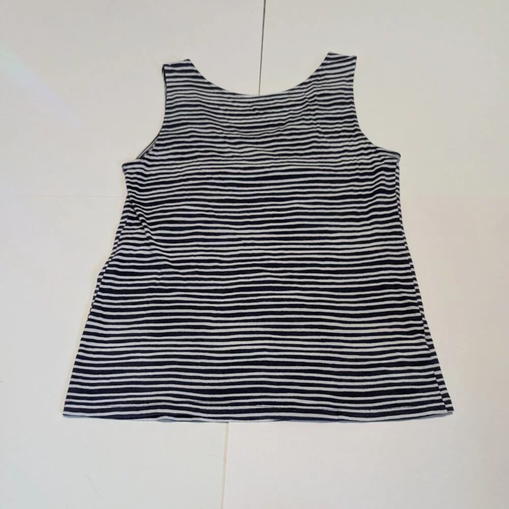 Ann Taylor Loft blue & white stripped sleeveless shirt with smocked neckline, - Picture 9 of 11